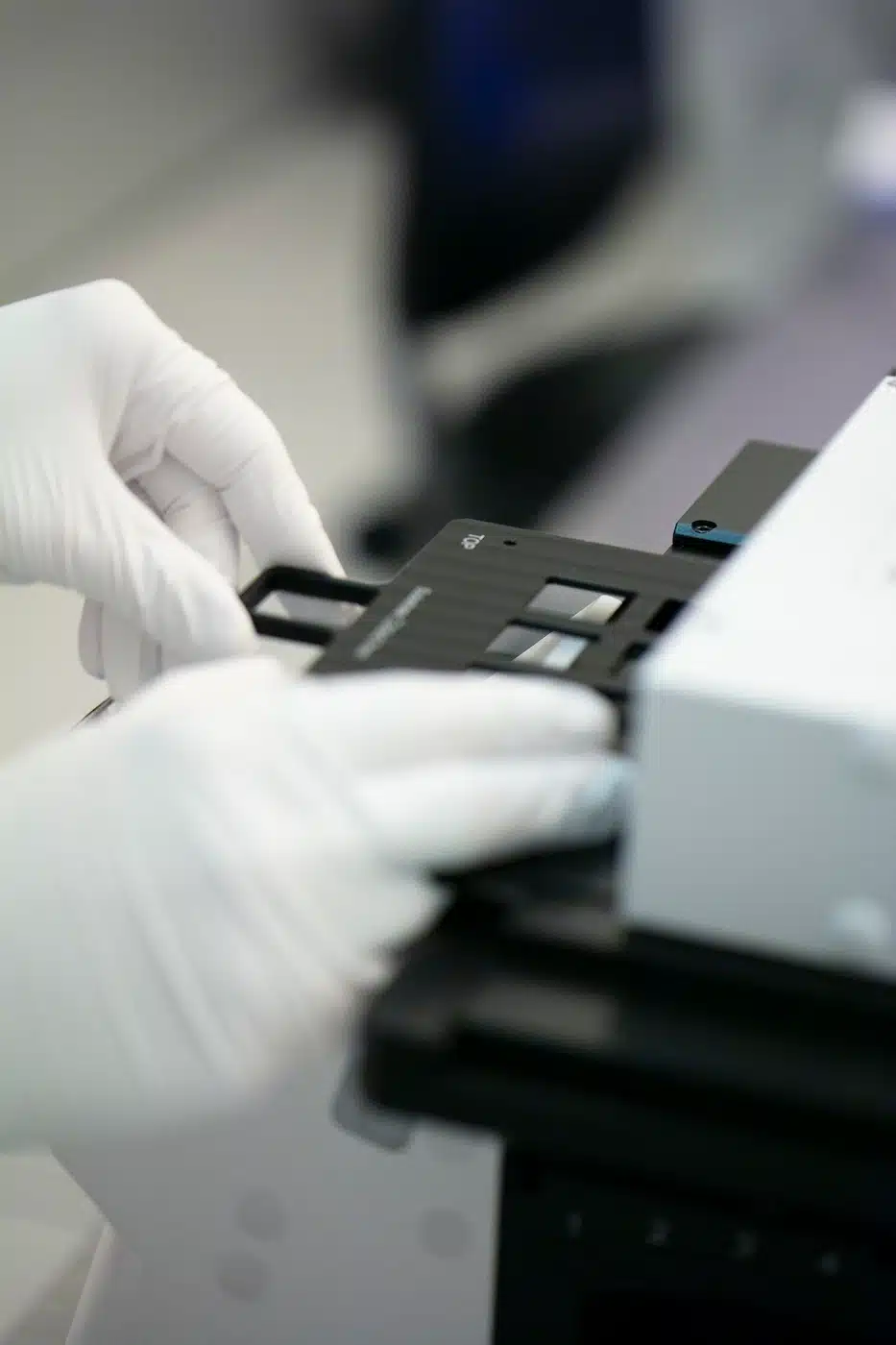 A person in white gloves is using lithography on a machine.