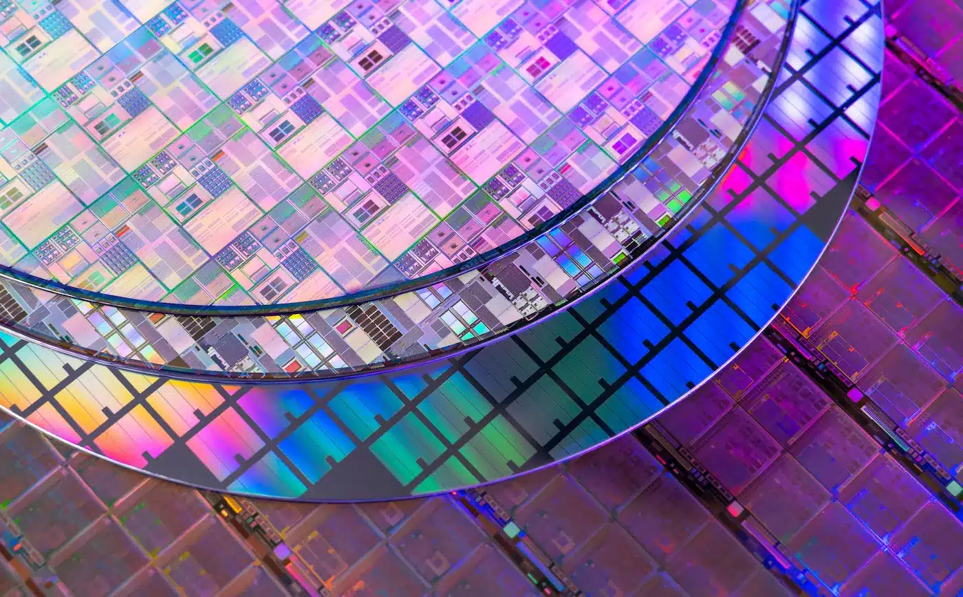 A close up of an intel chip revealing its lithography features.